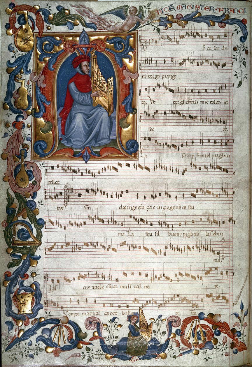 Francesco Landino portréja és egy kotta, illusztráció a "Squarcialupi-kódexből", 1325-35 körül alkotó: Italian School