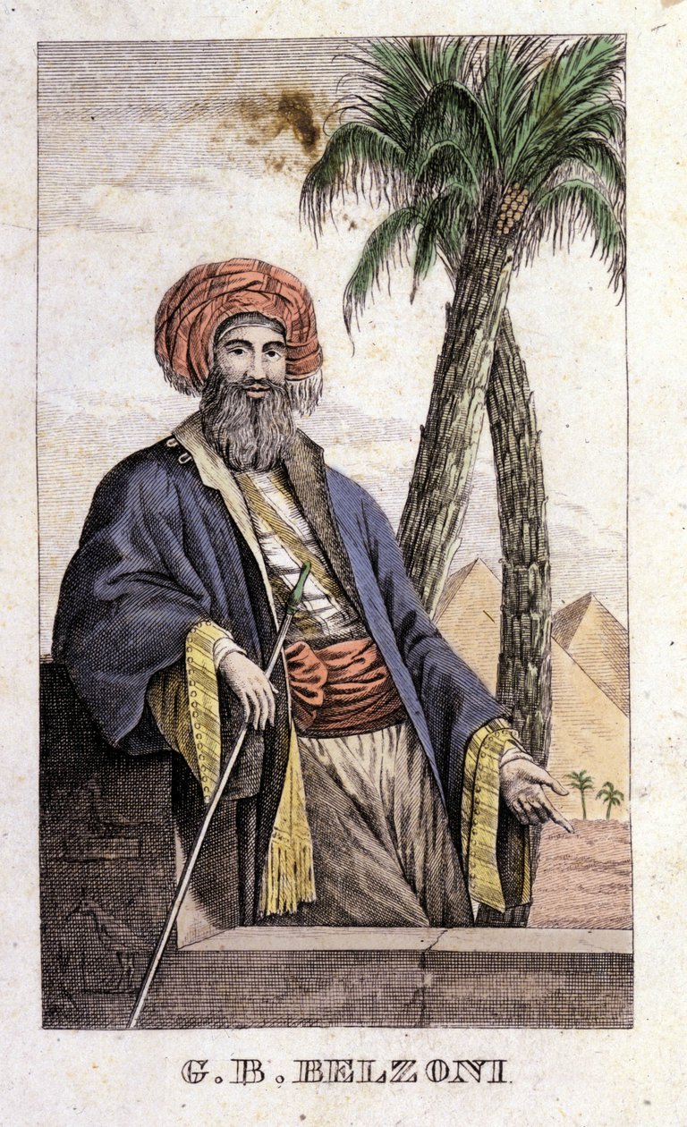 Giovanni Battista (Gianbattista) Belzoni (1778-1823) olasz felfedező és régész portréja, aki fontos régészeti felfedezéseket tett Egyiptomban. Metszet – Belzoni, Milánó „” Utazás Egyiptomba és Núbiába” című könyvében alkotó: Italian School