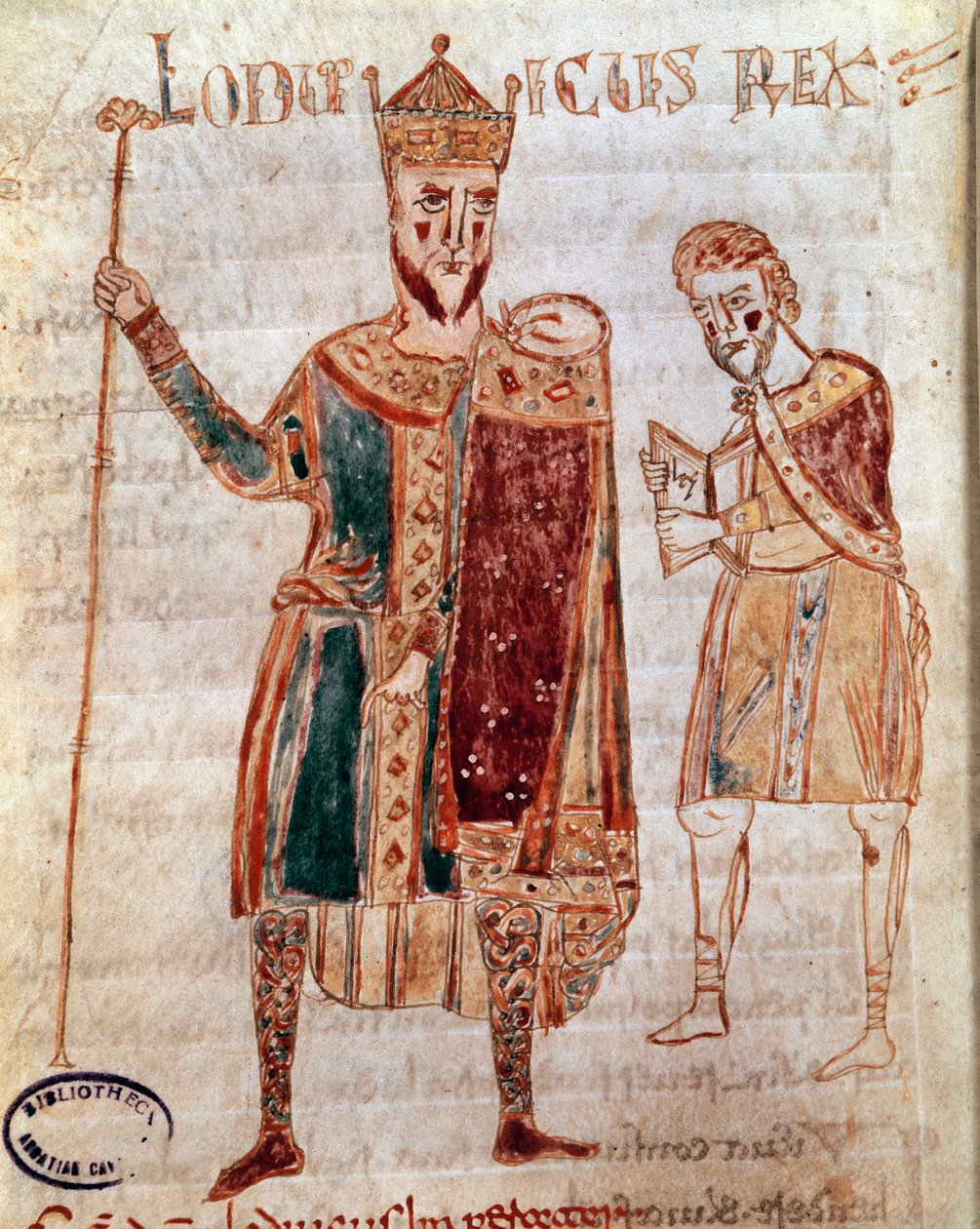 I. Jámbor Lajos (778-840), francia király portréja Kéziratoldal (4. ms.) „Codex Legum Longobardorum” (vagy Langobardorum), amely leírja a Rothari király által létrehozott Lombard királyság törvényeit alkotó: Italian School