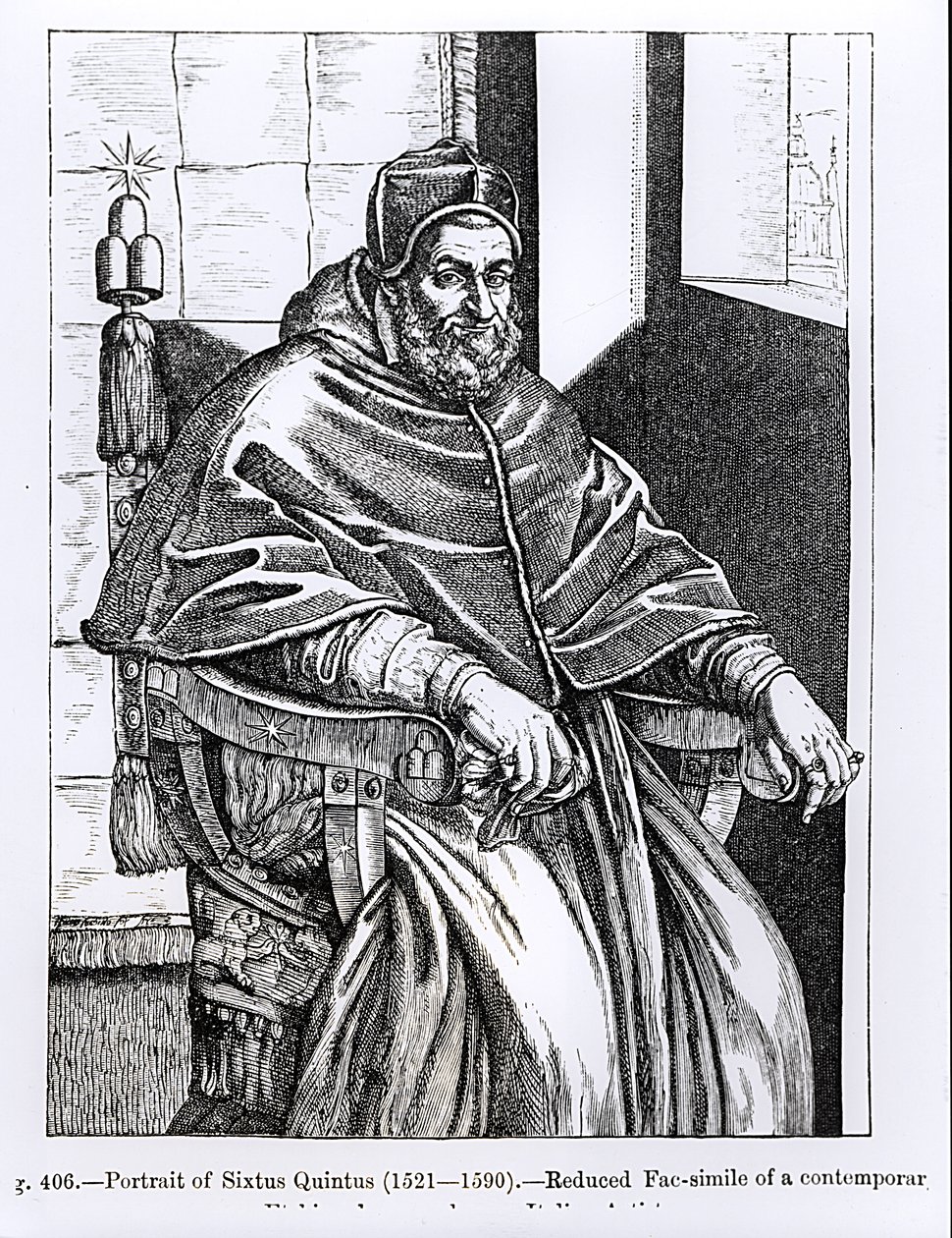 V. Sixtus pápa (1520-90) portréja, illusztrációja a „Tudomány és irodalom a középkorban és a reneszánszban” című könyvből, Paul Lacroix írta és vésette, 1878 alkotó: Italian School