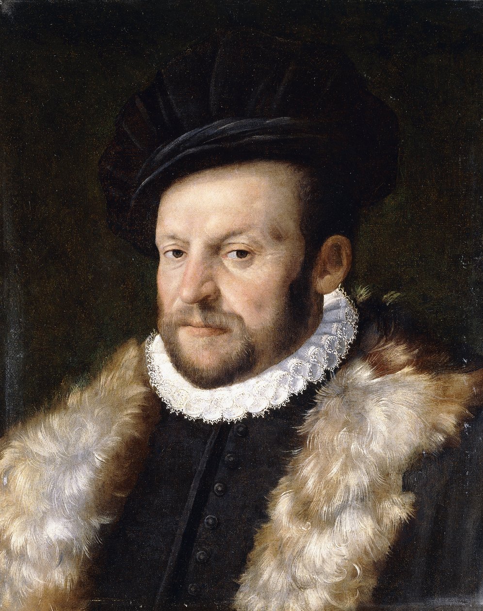 Egy szakállas úriember portréja, mellhosszú, fekete kabátot visel fehér fodros gallérral, alkotó: Italian School