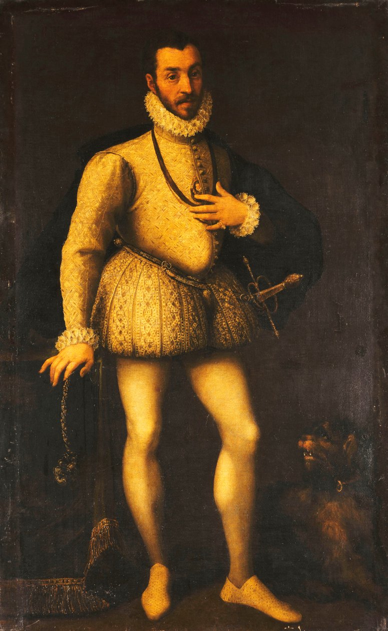 Egy úriember portréja, egész alakos, hímzett fehér sárkányt, köpenyt és kardot visel, 1580 körül alkotó: Italian School