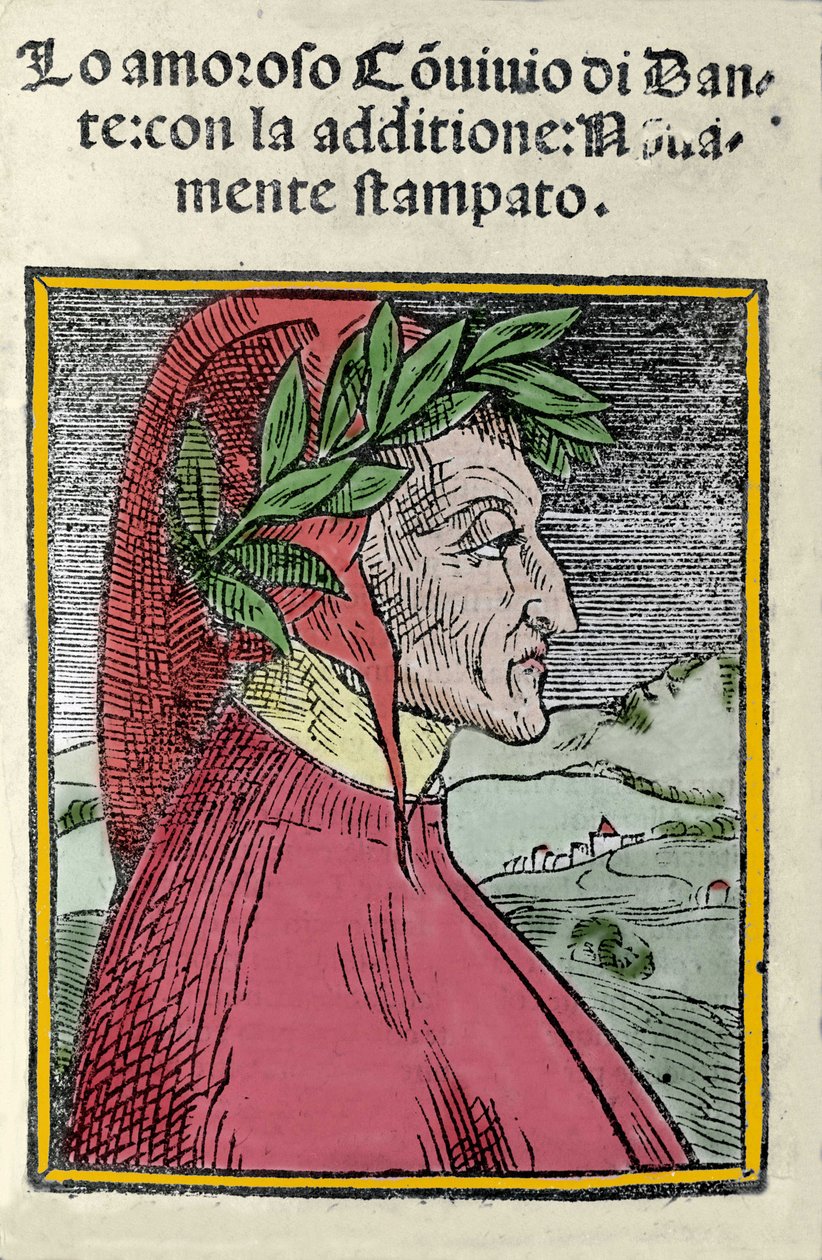 Dante Alighieri (1265-1321) olasz költő portréja. Metszés. Az „Il convivio” homlokzata 1554-ből alkotó: Italian School