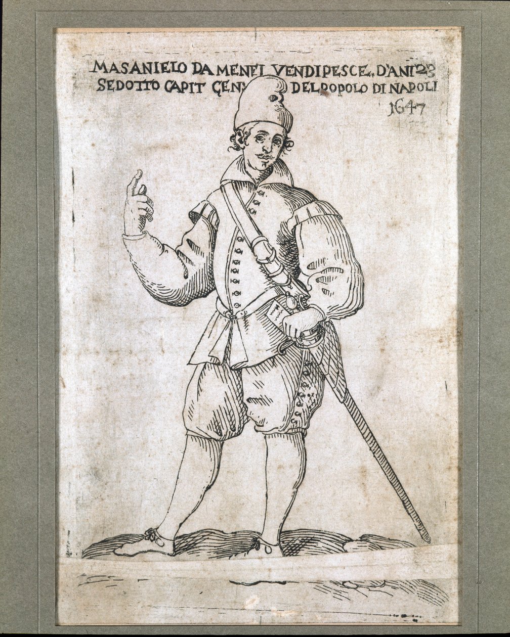 A nápolyi halász és forradalmár Masaniello (1623-1647) portréja (Masaniello nápolyi halász és a Habsburg uralom elleni lázadás vezetőjének 1647-es nápolyi portréja) Metszet a 17. századi Museo Nazionale di San Martino Nápolyról alkotó: Italian School