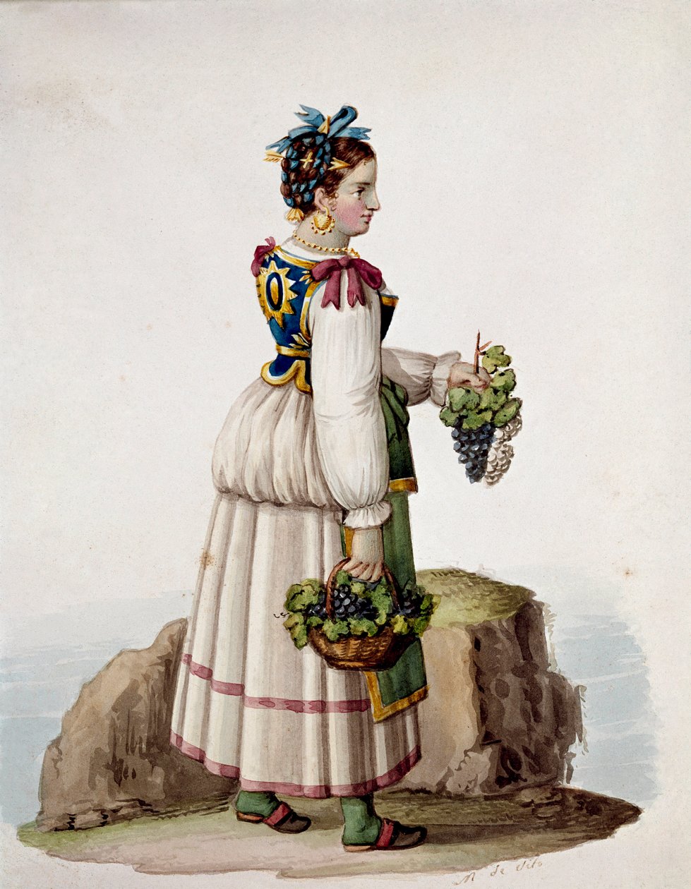 Capri fiatal nő portréja, hagyományos ruhában, szőlőt tartva - (Régi kereskedelem: fiatal capri nő, szőlőt tart) Akvarell 19. századi Museo Nazionale di San Martino Nápoly alkotó: Italian School
