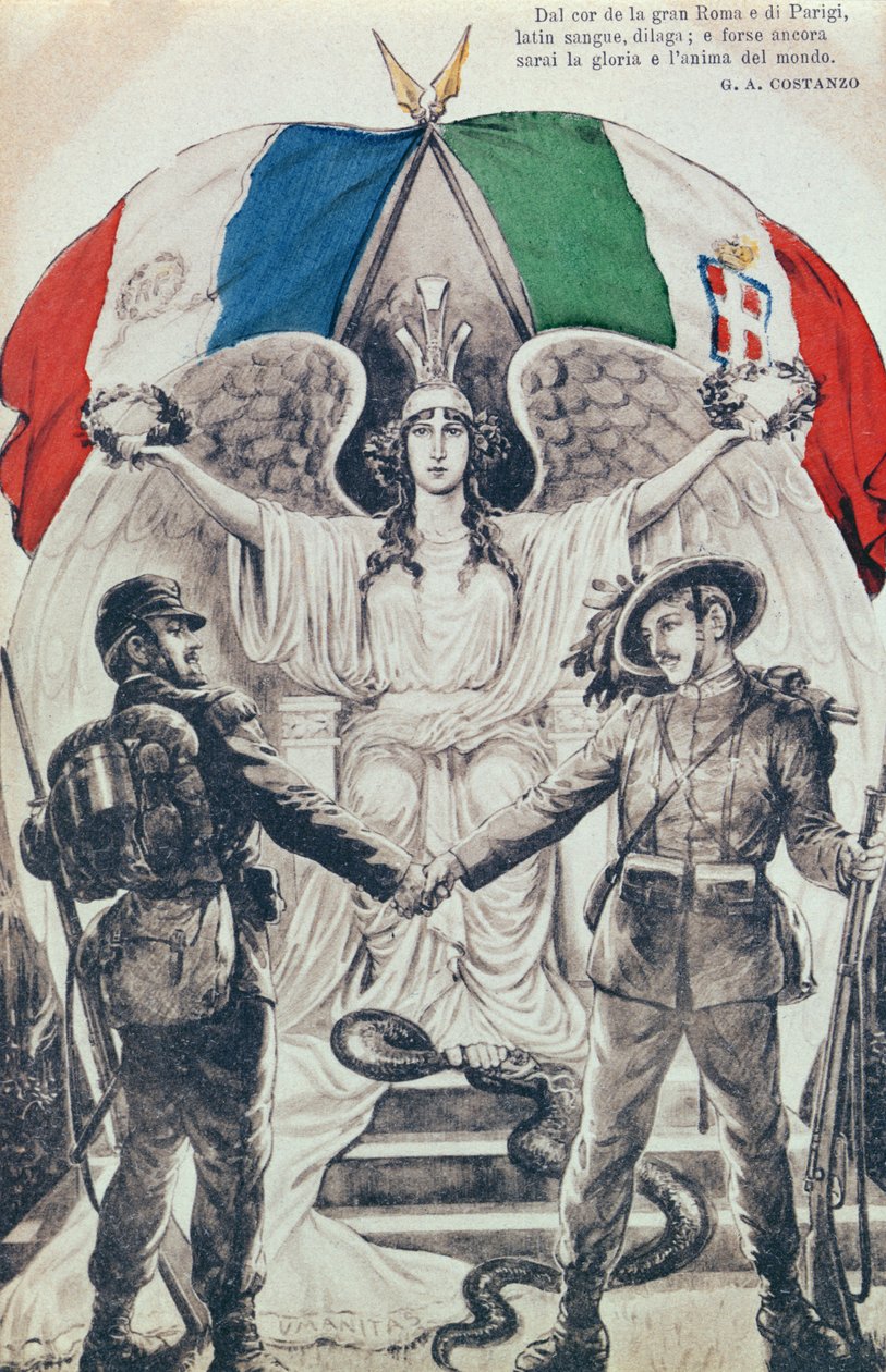 Képeslap Franciaország és Olaszország első világháborús szövetségének ünneplésére alkotó: Italian School