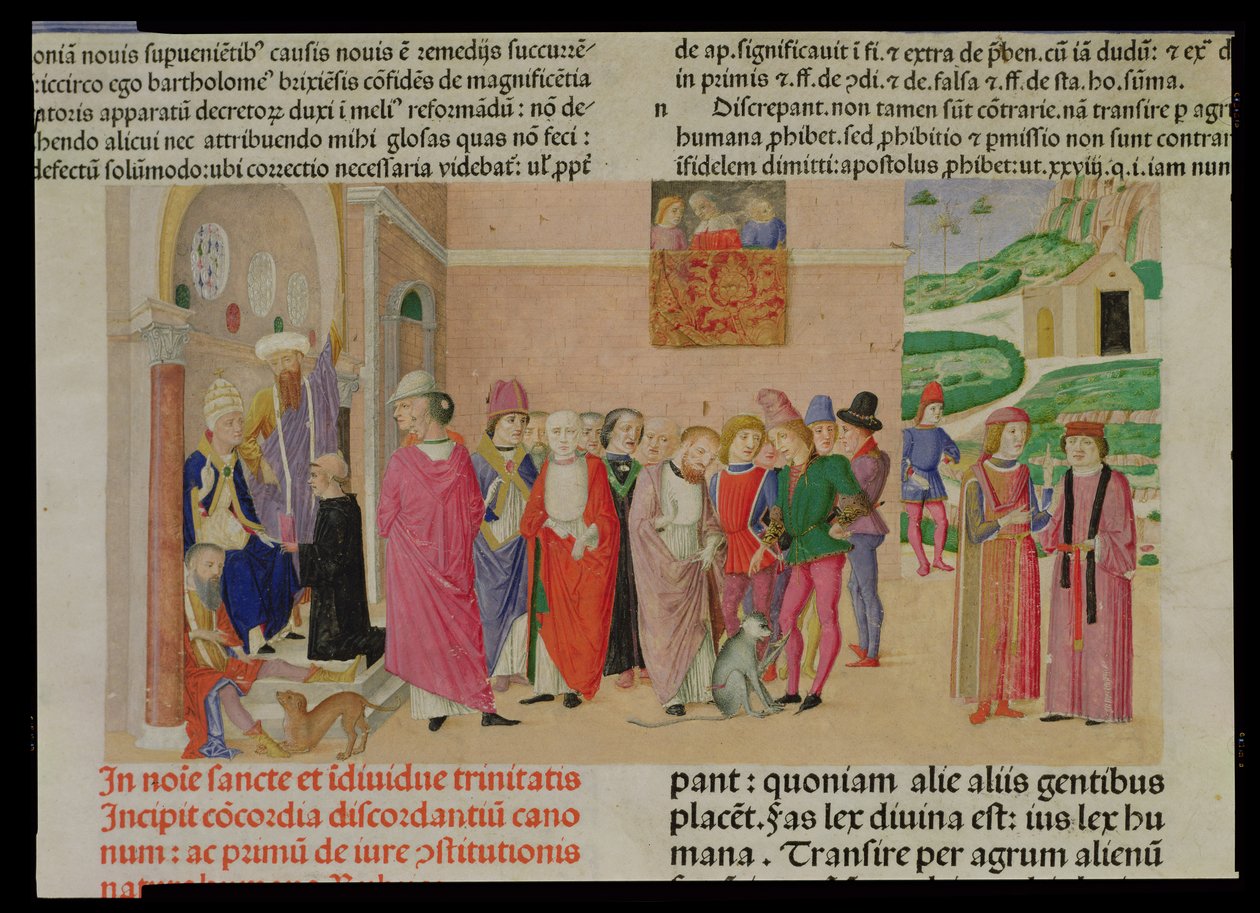 A mű bemutatása a pápának, a „Decretum Gratiani”-ból (vellum) alkotó: Italian School