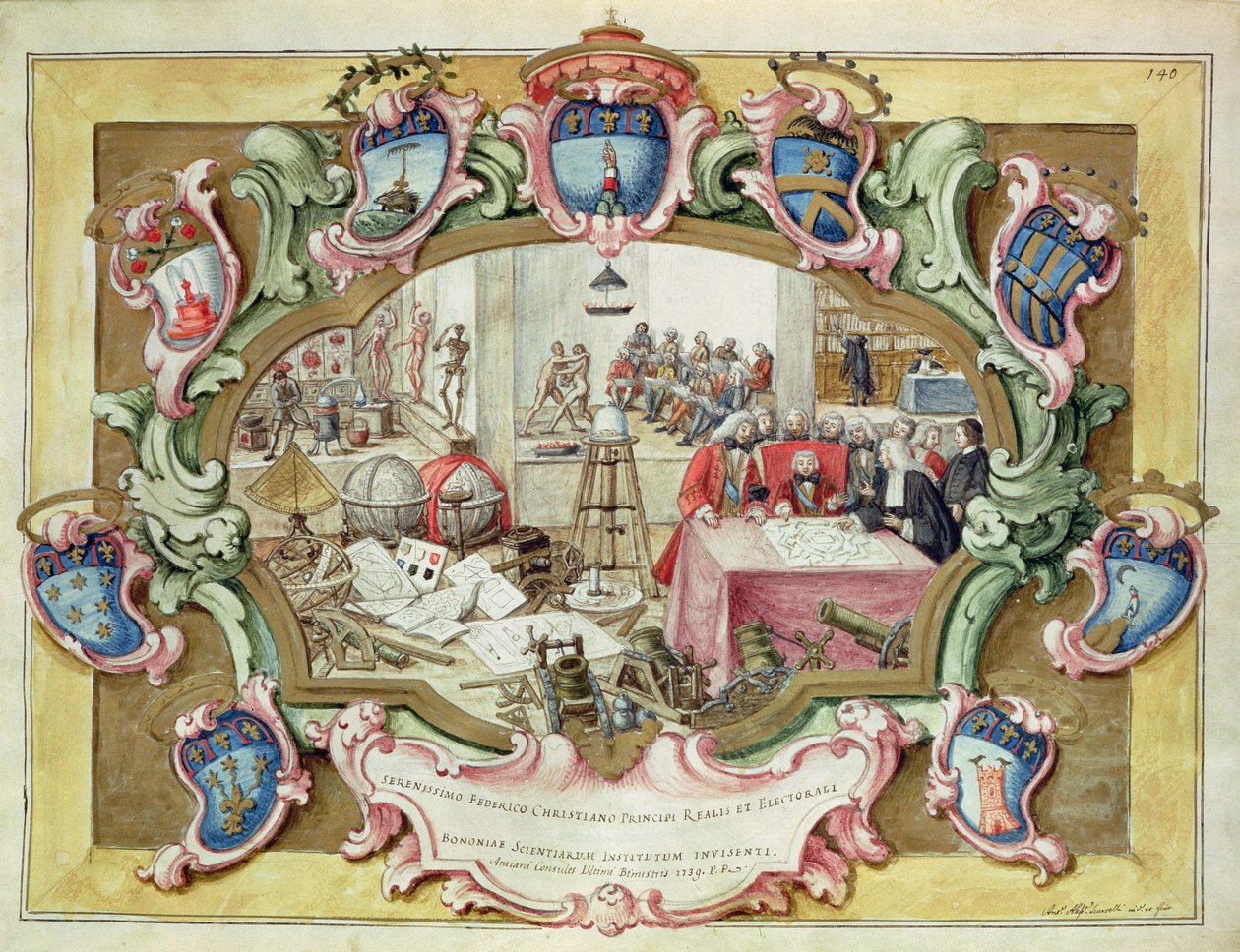 Frigyes Keresztény lengyel herceg látogatása a bolognai Tudományos Intézetben 1739-ben (akvarell papíron) alkotó: Italian School