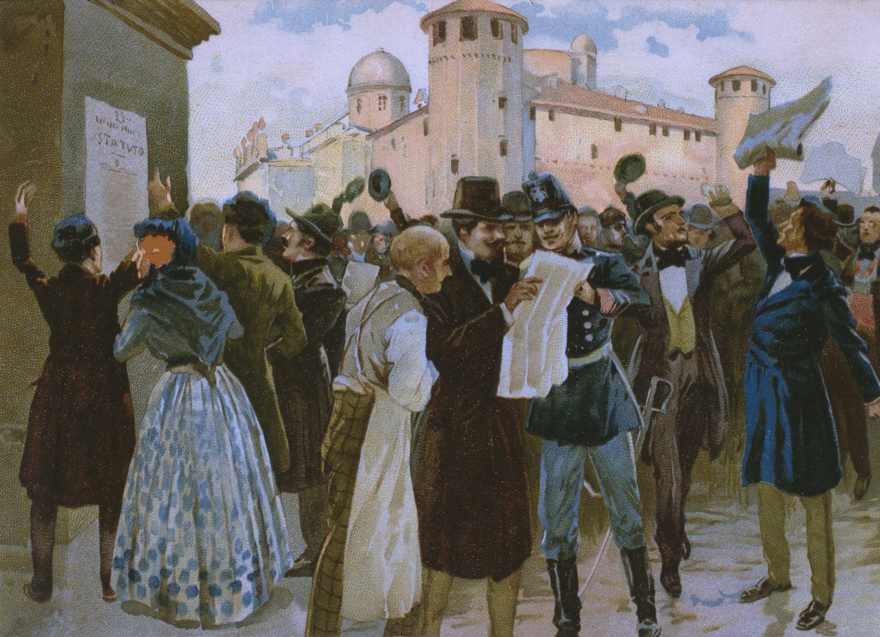 A torinói Palazzo Reale előtt 1848. március 4-i népszavazás eredményének kihirdetése, illusztráció a Risorgimento történetét bemutató albumból, amely a Talmone csokoládéhoz készült, 19. század vége alkotó: Italian School