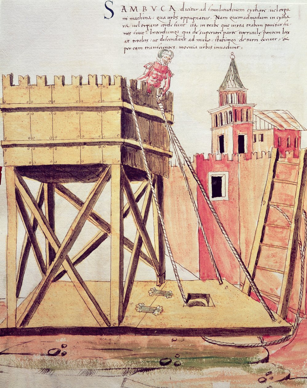 Egy ostromtorony projektje, Roberto Valturio (1405-75) 1470-es "De re Militari" illusztrációja (toll és tinta, valamint akvarell papíron) alkotó: Italian School