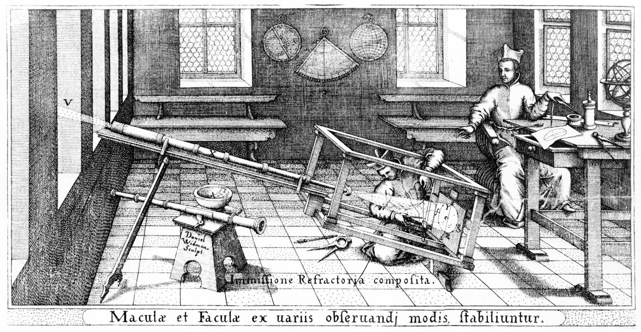 A Nap képének vetítése fénytörő távcsövön keresztül a napfoltok tanulmányozása céljából, Christoph Scheiner illusztrációja a Rosa Ursina-ból, 1630-ban alkotó: Italian School