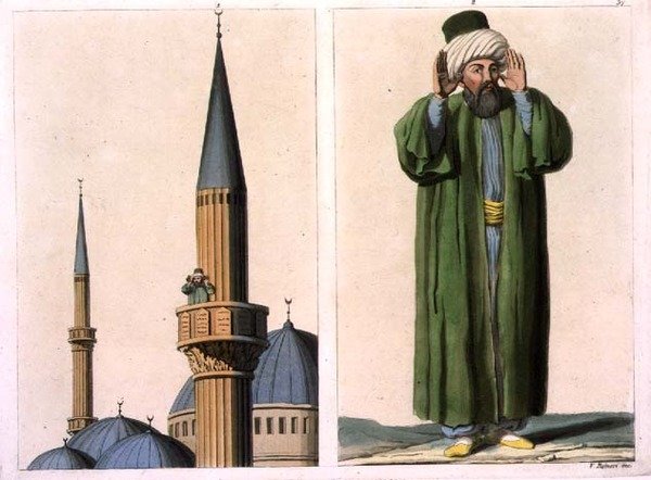 Nyilvános müezzin és részlet, 37. tábla "A nemzetek története" I. kötetének III. részéből, V. Raineri metszete (aquatinta). alkotó: Italian School
