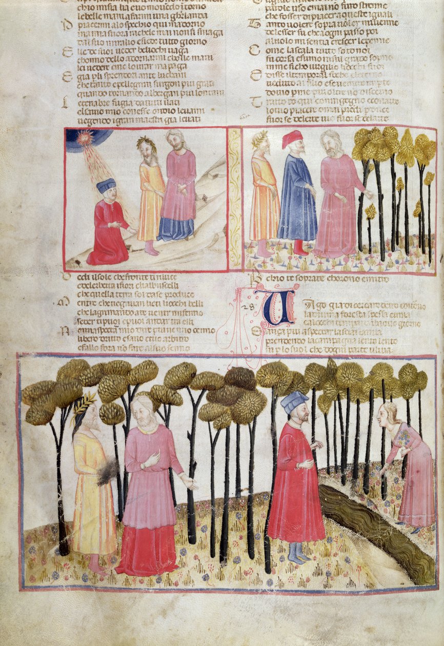 Purg.XXVIII f.47v Vergilius szabadságát véve és az isteni erdő, Dante Alighieri (1265-1321) Isteni színjátékából alkotó: Italian School