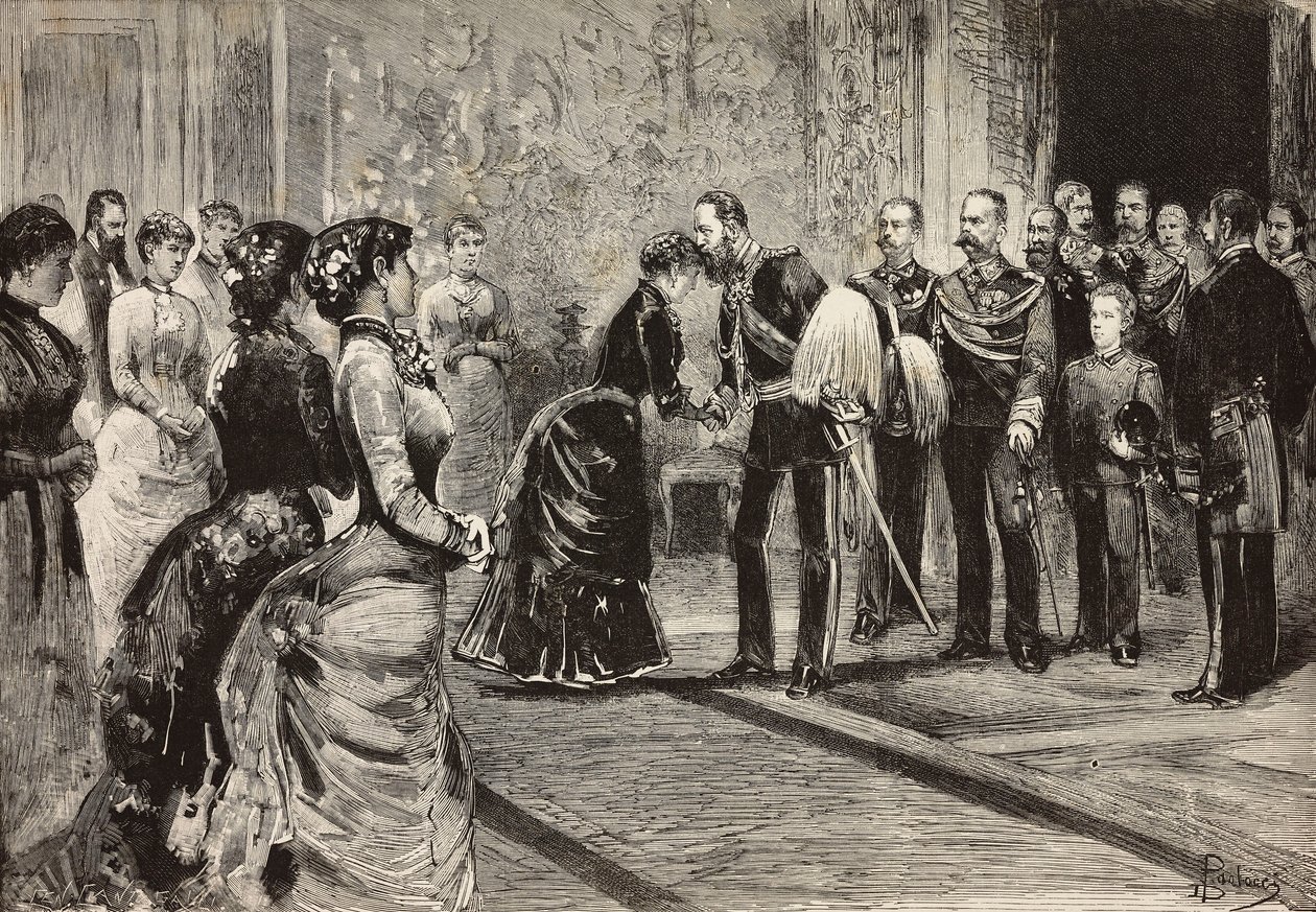 Margherita királynő és I. Umberto átvették Németország koronahercegségét (a leendő III. Frigyes) Quirinale-ban, Rómában, Olaszországban, metszet Dante Paolocci rajzából, a L