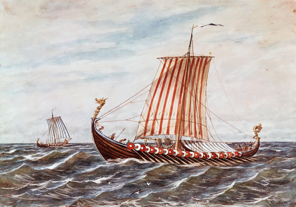 10. századi viking csónakok rekonstrukciója (színes litó) alkotó: Italian School