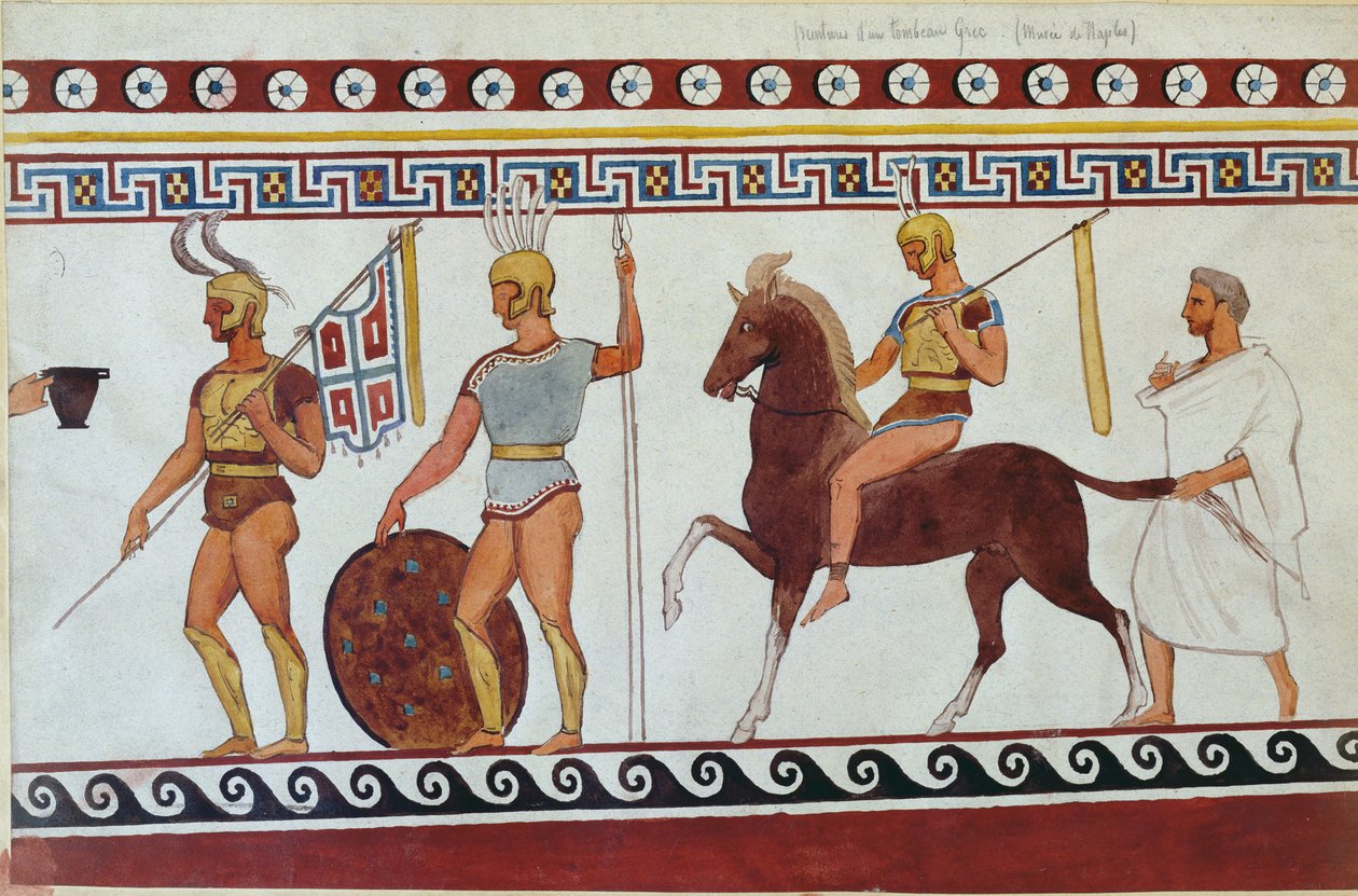 Paestumi sírfestmény rekonstrukciója, amely görög gyalogosokat és lovasokat ábrázol (lásd még: 186246, 119488 és 444298) alkotó: Italian School