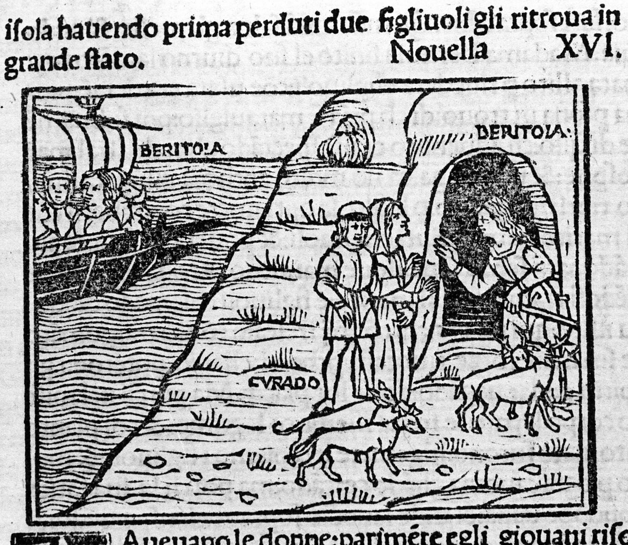 Reet de Beritola. Illusztráció a „Dekameron” 16. híréhez (a második nap új 6. száma), Giovanni Boccaccio dit Jean Boccaccio (1313-1375), olasz író. Metszet "" Decamerone ouer Cento nouelle "" Velence, Bartolomeo de 