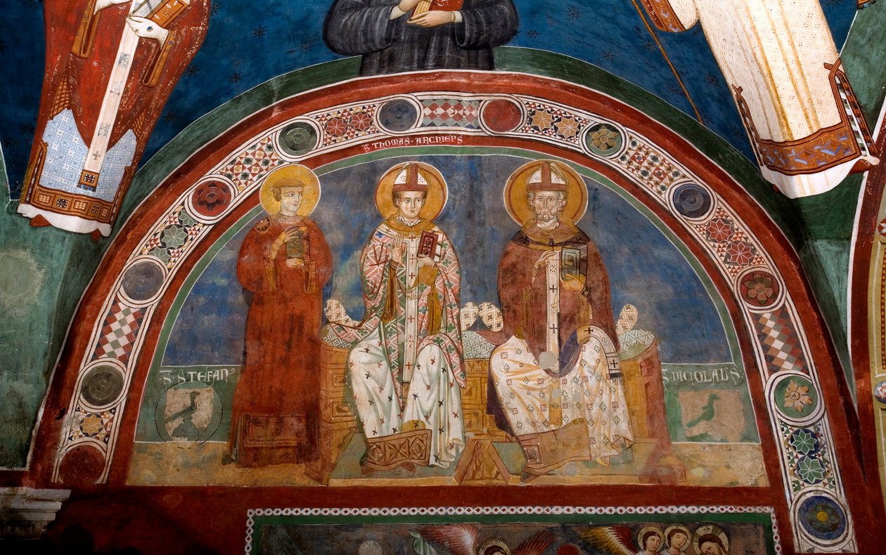 Szent István keresztény vértanú, Becket Szent Tamás (1118-1170), canterburyi érsek és myrai vagy bari Szent Miklós (270-345) ábrázolása Névtelen freskó (13. század) Alsó templom. Szent Benedetto kolostor (Sacro Speco), Subiaco (Róm alkotó: Italian School