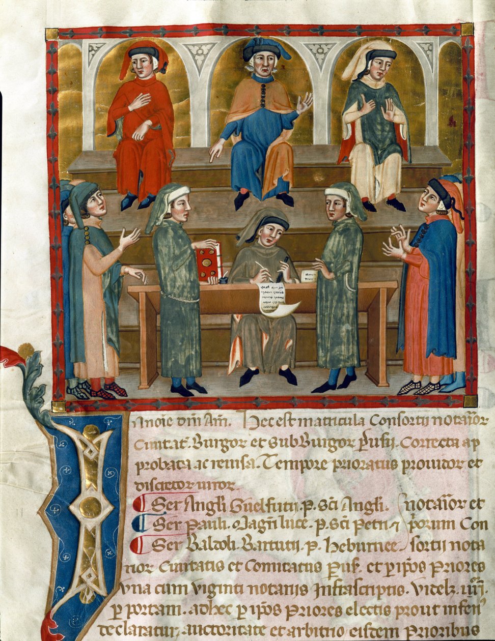 Egy közjegyzői tanulmányi iroda képviselete Az oldal a Matricola del Consorzio dei Notai di Perugia-ból (972. sz.) (a közjegyzői rend nyilvántartása) 1343-1354 Perugia, Biblioteca Comunale Augusta alkotó: Italian School