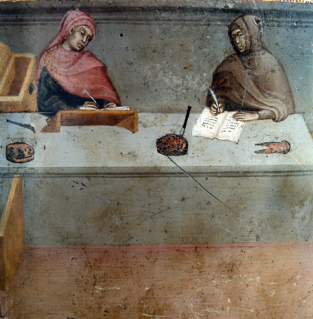 Camerlingvist ábrázolása, egy másoló asszisztense Anonymous festmény egy Biccherna fára (Siena város számviteli nyilvántartásának borítója) 1388. Siena Archivio di Stato, Olaszország alkotó: Italian School
