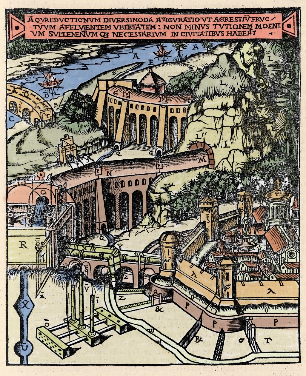 Vízvezeték ábrázolása. Színes metszet Vitruva „De Architectura” című művéből (Kr. e. 1. század) – Gottardo da Ponte kiadása, Come alkotó: Italian School