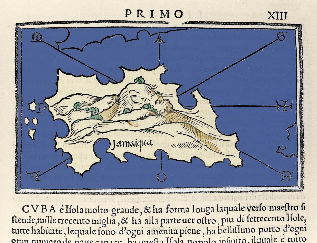 Jamaica szigetének képviselete. Isolario (szigetek térképe), készítette: Benedetto Bordone. Velence 1547 alkotó: Italian School