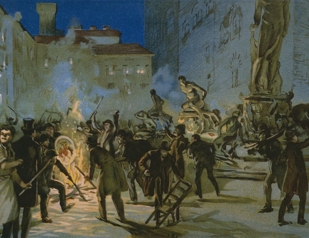 Forradalom Firenzében, 1859. április 27., illusztráció a Risorgimento történetéről szóló albumból, a Talmone csokoládéhoz készült, 19. század vége alkotó: Italian School