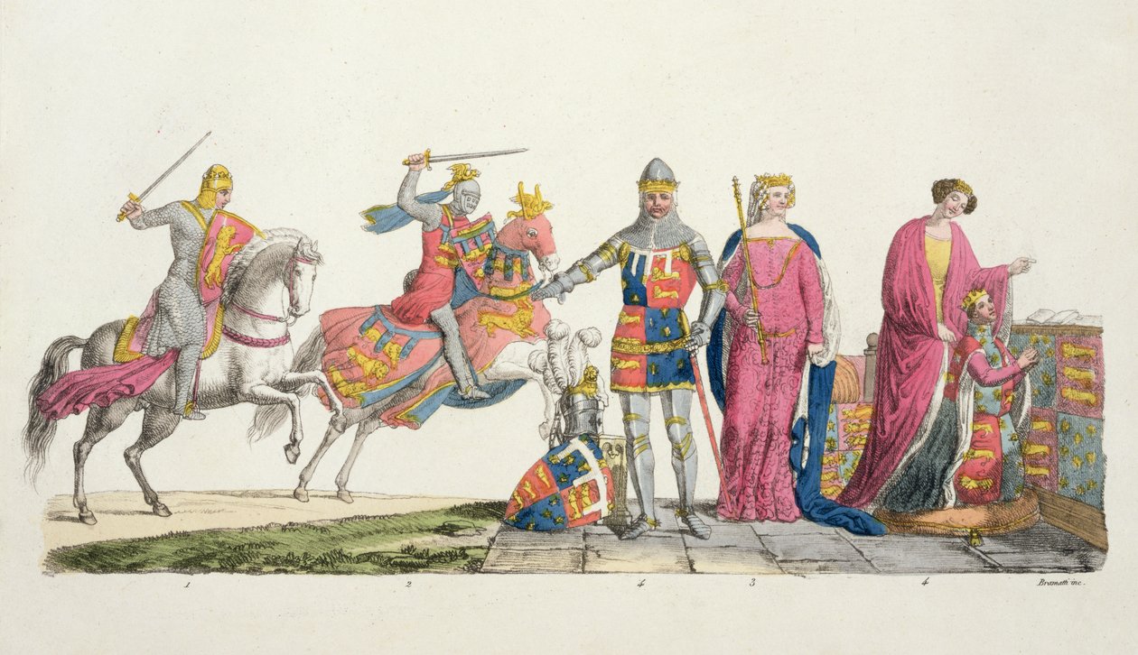 Oroszlánszívű Richárd, John of Gaunt, Edward III, Joan Plantagenet és Philippa of Hainault, 9. lemez a Nemzetek történetéből (akvatinta) alkotó: Italian School