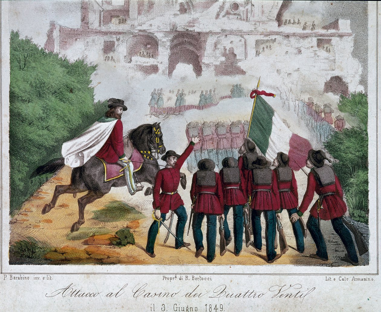 Risorgimento, Római Köztársaság (Repubblica romana): Giuseppe Garibaldi seregének katonái lóháton próbálják visszahódítani a római Quattro Venti villáját 1849.06.03-án. Litográfia Róma Risorgimento Nemzeti Múzeuma alkotó: Italian School