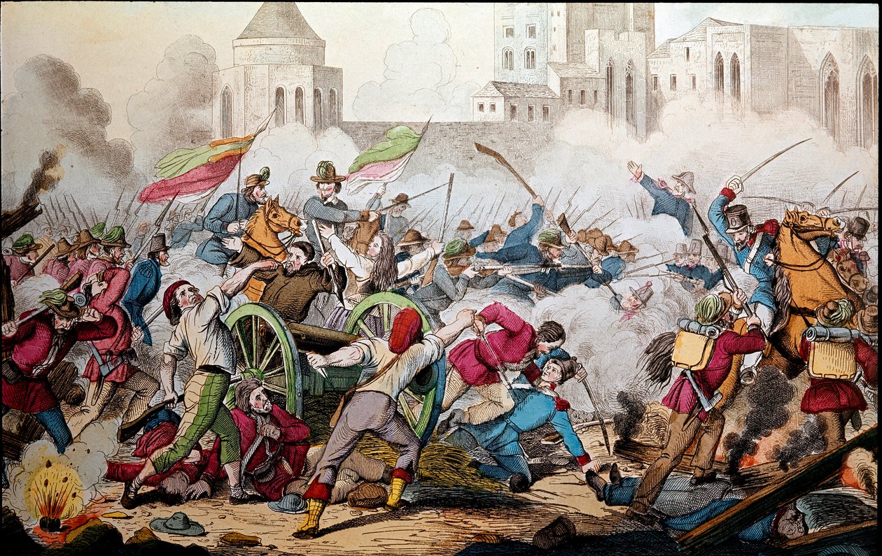 Risorgimento: Palermói harcok 1860. május 26-án. Ezer expedíció (pirosingesek). Giuseppe Garibaldi (1807-1882) Palermo és a lázadó nép között csatlakozott hozzá, hogy megküzdjön a nápolyi Bourbon királyság katonái ellen. 19. sz. metszete alkotó: Italian School