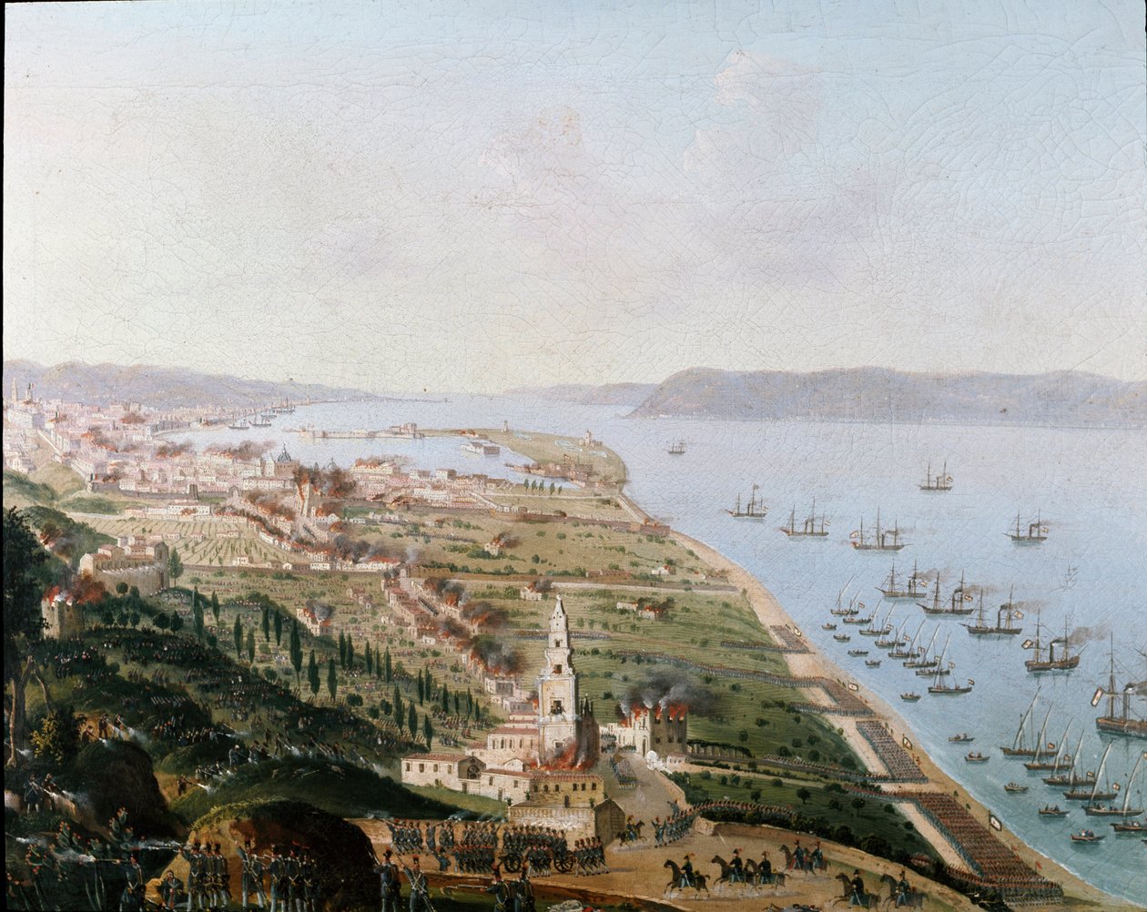 Risorgimento: Ferdinando II delle Due Sicilie (II. Ferdinánd a két Szicíliából) 1848 augusztusában Messinában (Szicília), hogy visszaszerezze Szicíliát a felkelések után. Névtelen festmény. San Martino Nápolyi Nemzeti Múzeum alkotó: Italian School