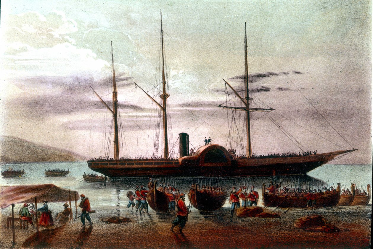 Risorgimento: Giuseppe Missori, Giuseppe Garibaldi hadseregének tisztje (1807-1882) 1860. augusztus 8-án indul Messina detroitjában a Villa San Giovanni erőd felé. századi illusztráció alkotó: Italian School