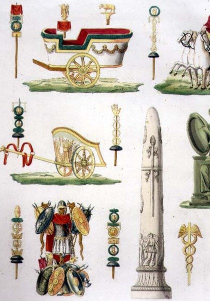 Római szekerek, trófeák és katonai emlékművek, a 20. tábla részlete, „A nemzetek története” I. részének 5. osztálya, Marco Comirato (kb. 1800-69) metszet (akvatinta) (lásd még: 93291) alkotó: Italian School