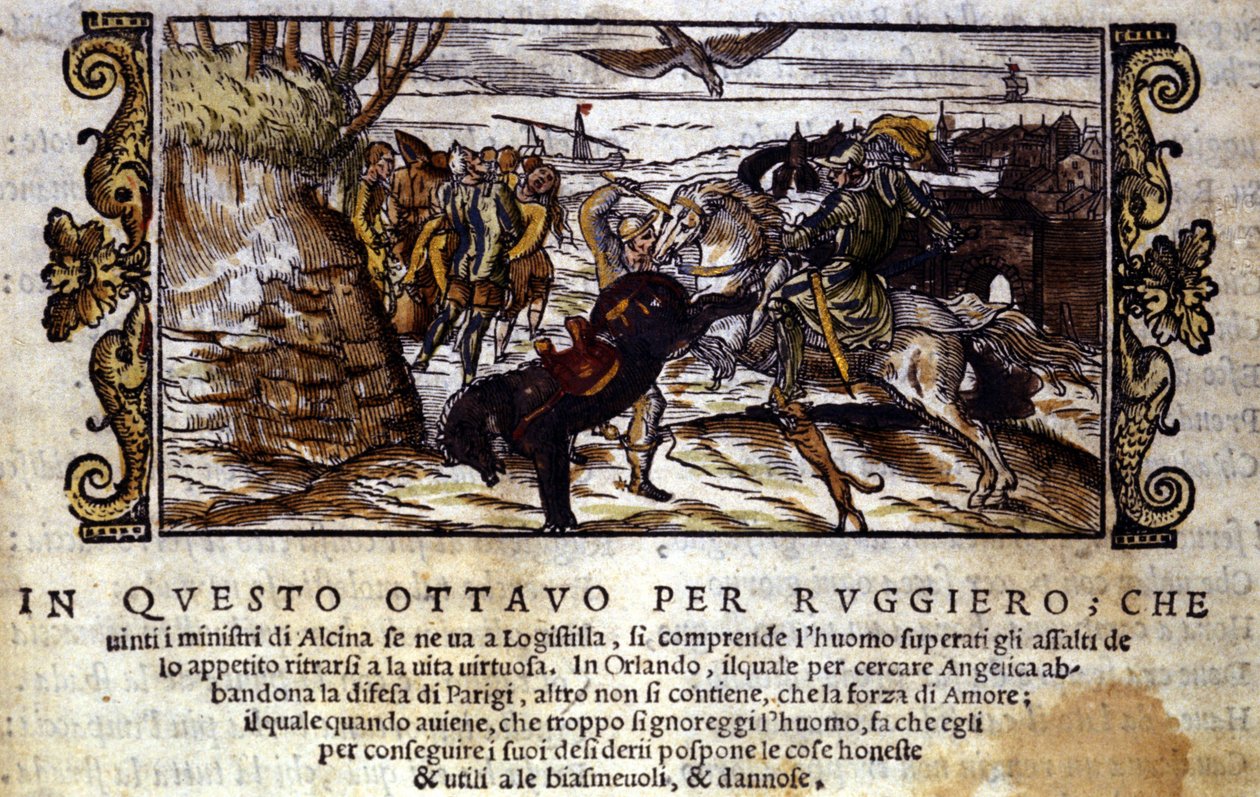 Ruggierónak sikerül megszöknie Alcina szigetéről, később pedig megmenti Angelicát az orktól – Ludovico Ariosto „Orlando Furioso” lovagias versének jelenete alkotó: Italian School