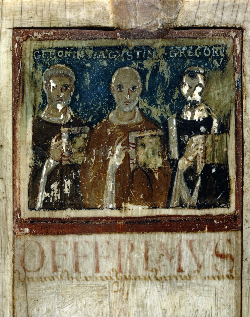 Szent Jeromos, Szent Ágoston (354-430) és I. Nagy Szent Gergely (540-604), Részlet a Boece-i diptichonból, 487 körül (miniatűr elefántcsonton) alkotó: Italian School