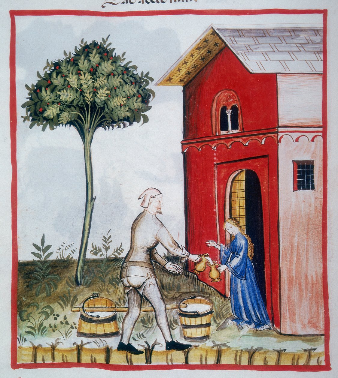 Savanyú tej értékesítése (c.59v), Tacuinum Sanitatis, Codex Vindobonensis Series Nova 2644 alkotó: Italian School