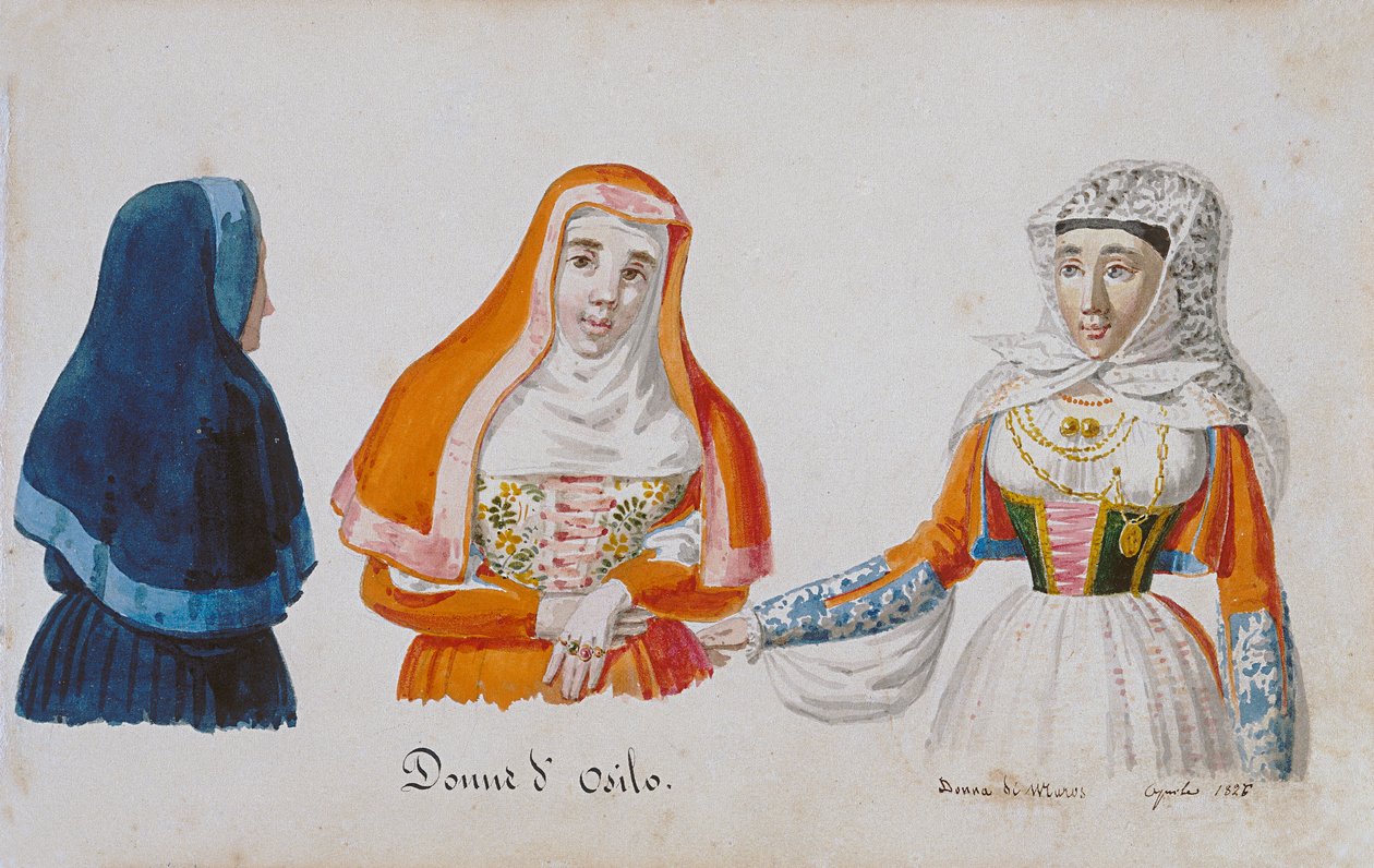 Szardíniai jelmezek Osilotól és Milistől, nyomat ms. 258, Luzzetti Gyűjtemény alkotó: Italian School