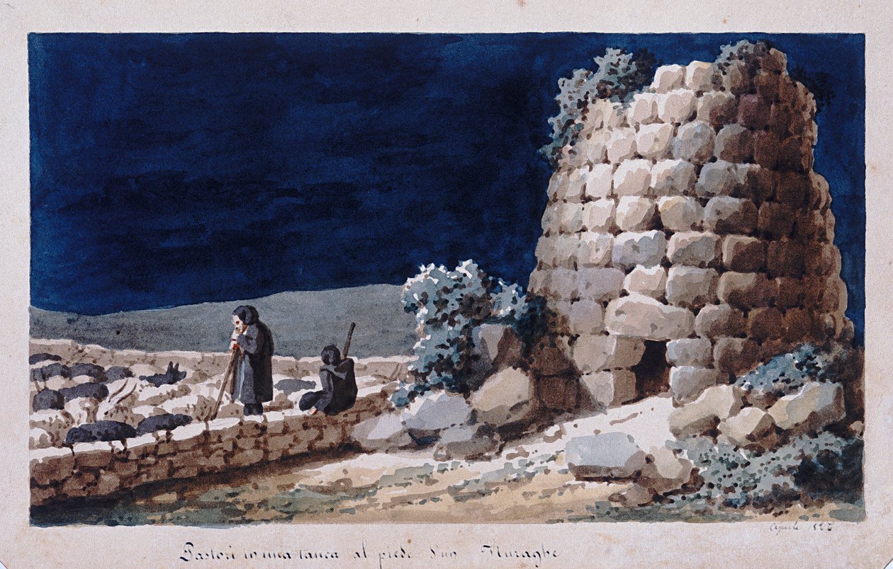 Szardíniai pásztorok egy nuraghe közelében, nyomtatás ms. 257, Cominotti Gyűjtemény, 1825 körül alkotó: Italian School