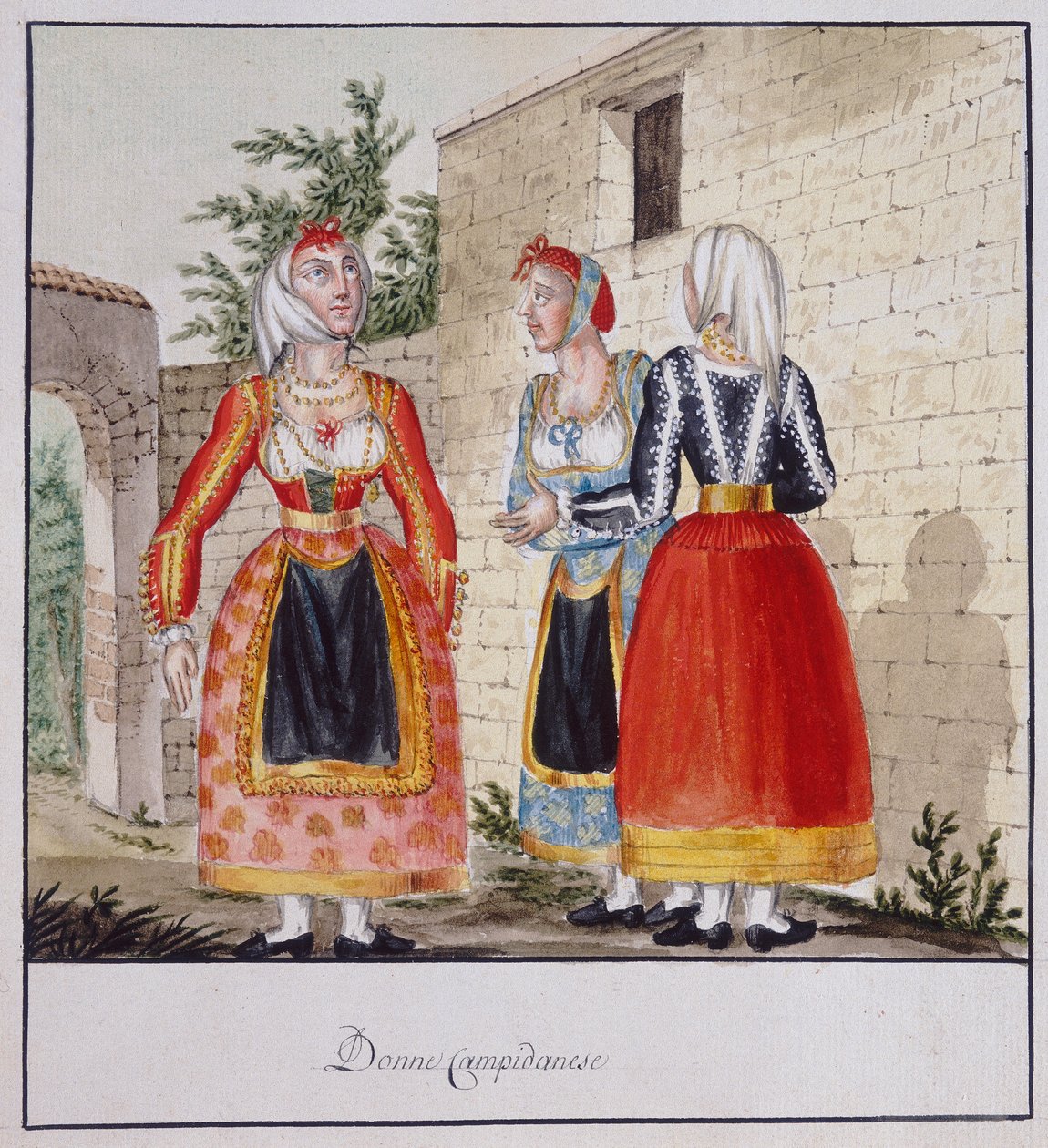 Szardíniai nők jelmezben Campidanoból, nyomtatott ms.258, Luzzetti Collection alkotó: Italian School