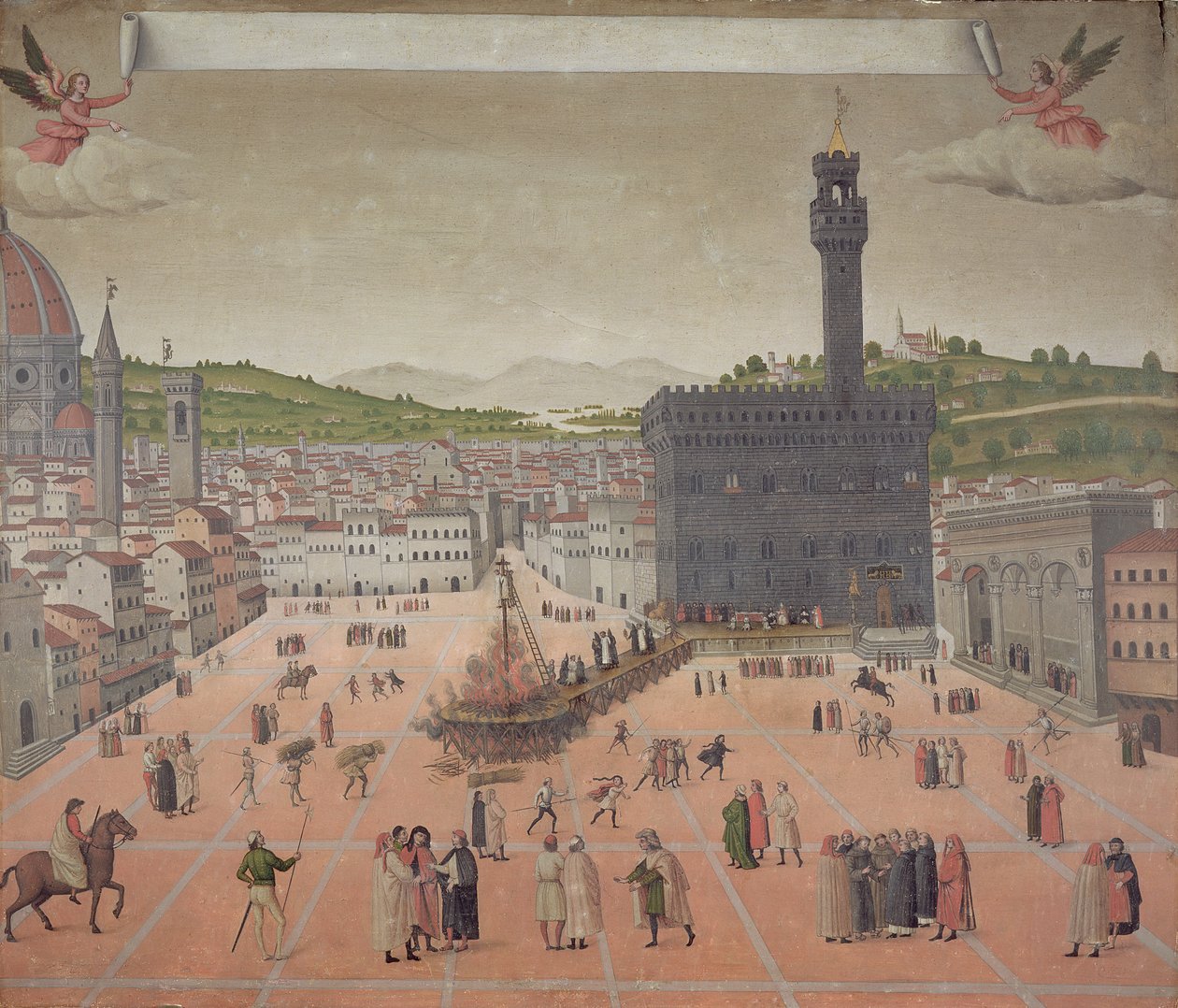 Savonarolát máglyára égetik, Piazza della Signoria, Firenze (olaj a panelen) alkotó: Italian School