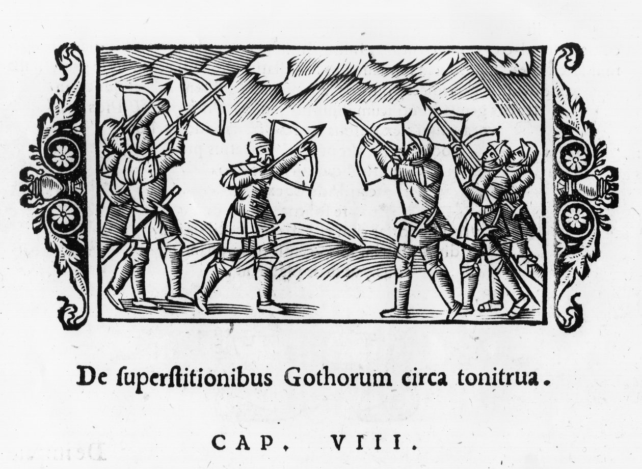 A skandinávok a nyilaikat használva a mennydörgés elhárítására Olaus Magnus (1490-1557) Rómában, 1555-ben megjelent Historia de Gentibus Septentrionalibusból alkotó: Italian School
