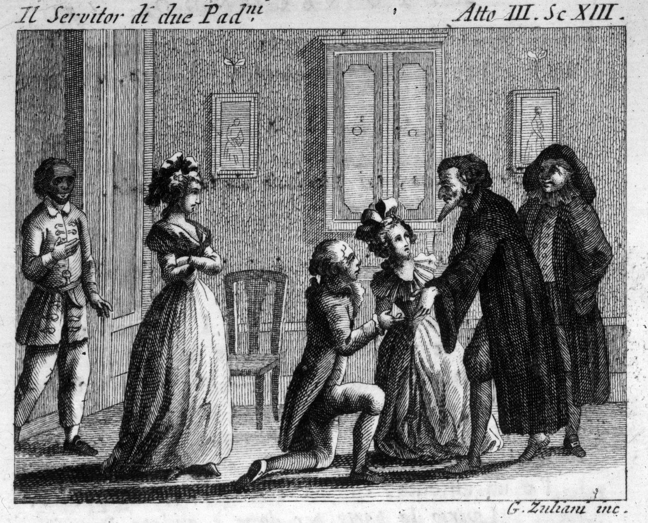Carlo Goldoni (1707-1793) „Arlecchino servitore di due padroni” (Két úr harlekin szolgája) (1745) című képregényének III. felvonásának 13. jelenete. 18. századi metszet alkotó: Italian School