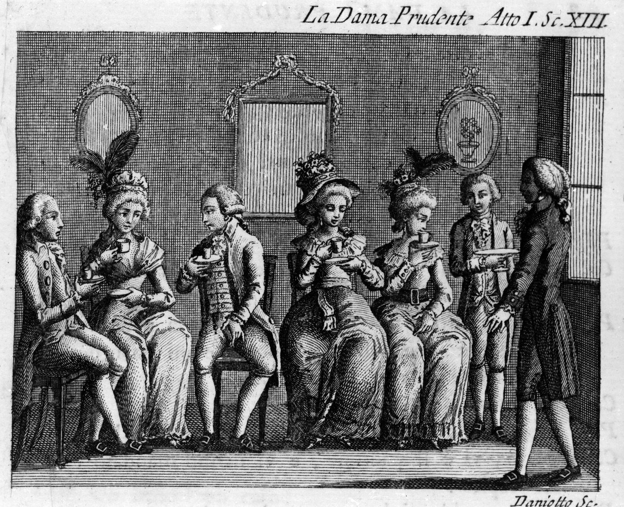 Carlo Goldoni (1707-1793) „” La dama prudente” (A körültekintő feleség) (1751) című képregényének I. felvonásának 13. jelenete. 18. századi metszet alkotó: Italian School
