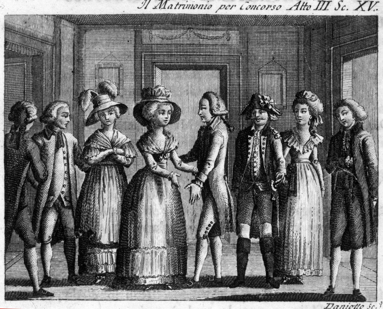 Carlo Goldoni (1707-1793) „Il matrimonio per concorso”” című képregényének III. felvonásának 15. jelenete. 18. századi metszet. alkotó: Italian School