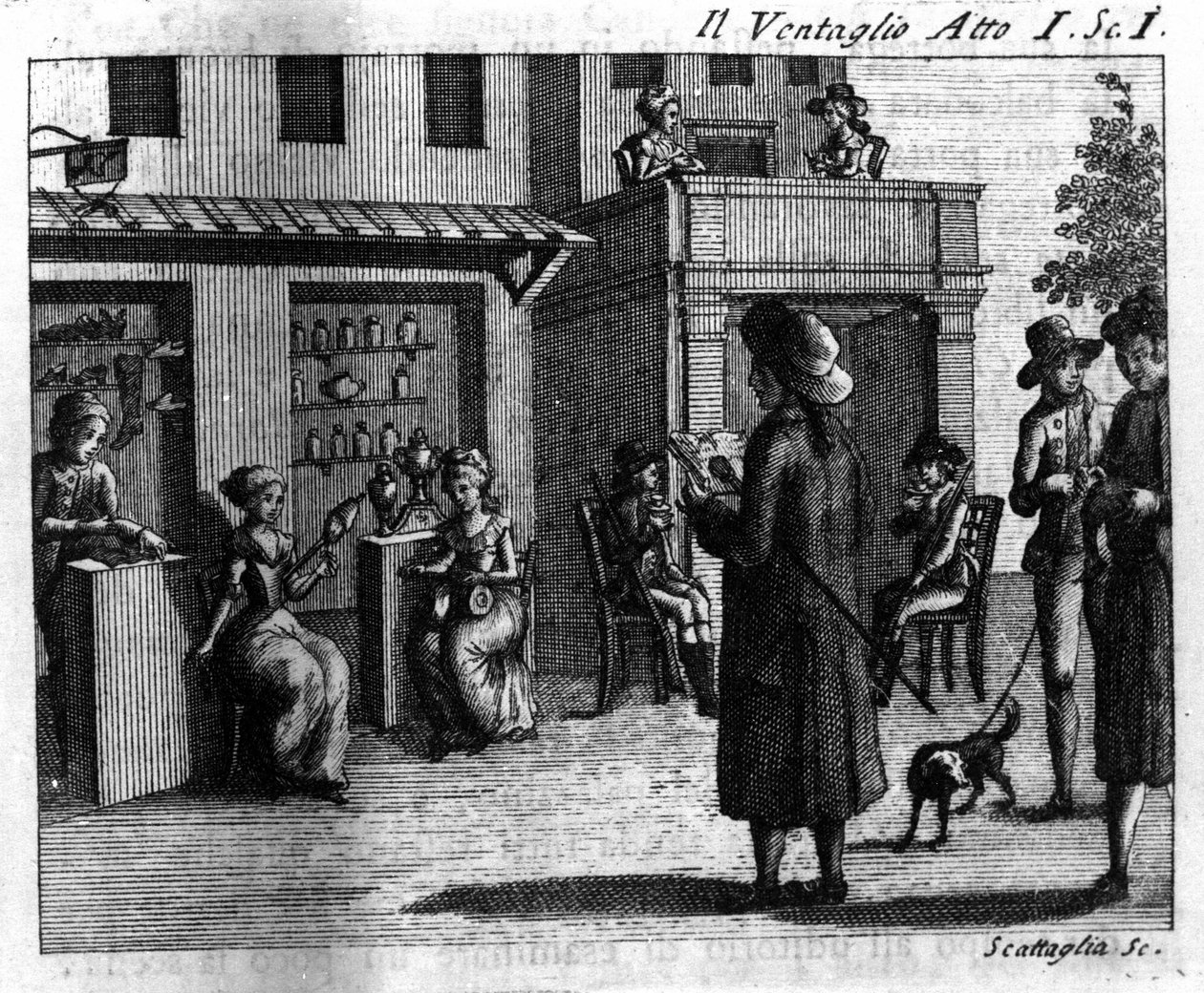 Carlo Goldoni (1707-1793) „” Il ventaglio”” (Az esemény) (1764) című képregényének I. felvonásának 1. jelenete. 18. századi metszet alkotó: Italian School
