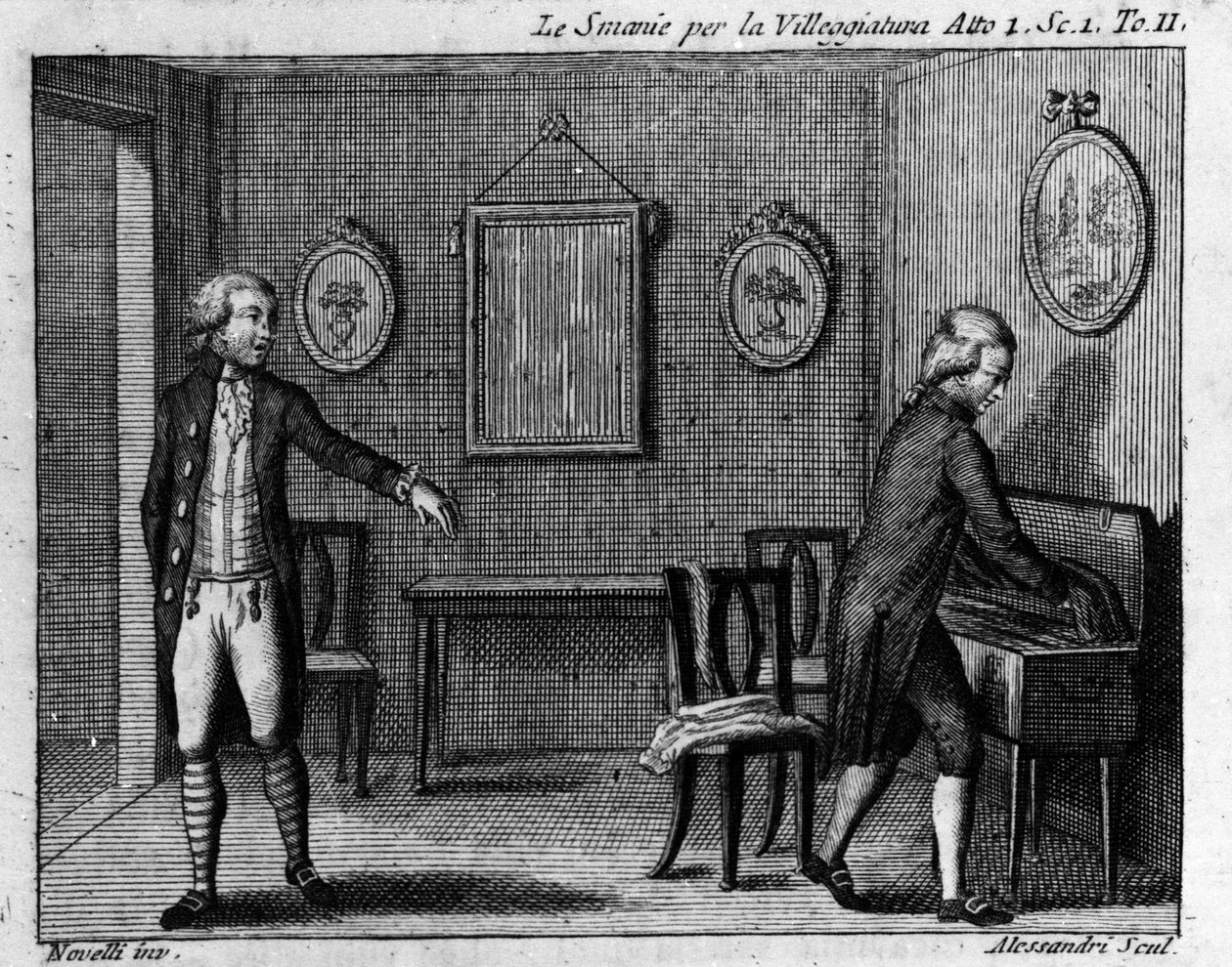 Carlo Goldoni (1707-1793) „Le smanie per la villeggiatura” (La ville) (1761) című képregényének I. felvonásának 1. jelenete. 18. századi metszet. alkotó: Italian School