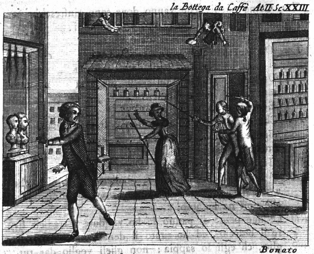 Carlo Goldoni (1707-1793) „" La bottega del caffe" (A kávézó) (1750) című képregény II. felvonásának 23. jelenete: játékasztalok. 18. századi metszet alkotó: Italian School