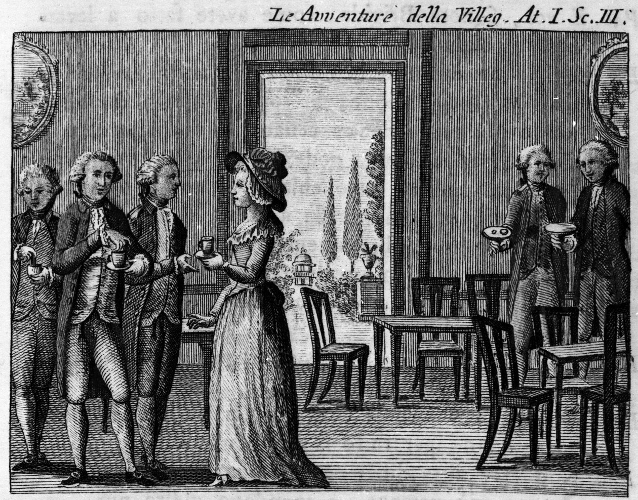 Carlo Goldoni (1707-1793) Avventure della villeggiatura (A város kalandjai) (1756) című képregény I. felvonásának 3. jelenete. 18. századi metszet alkotó: Italian School