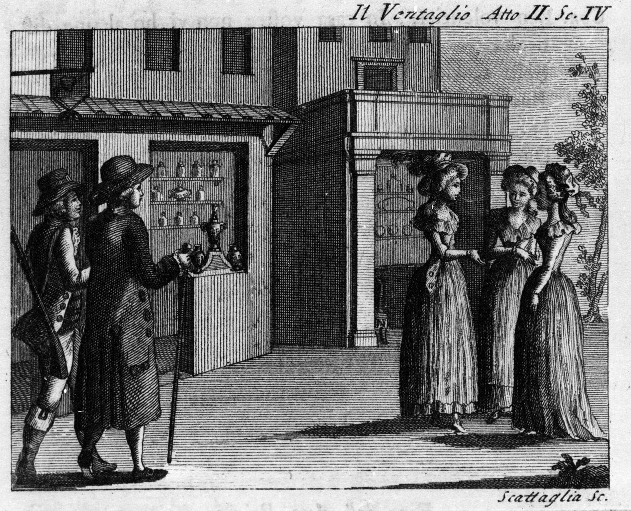 Carlo Goldoni (1707-1793) „” Il ventaglio”” (Az esemény) (1764) című képregény II. felvonásának 4. jelenete. 18. századi metszet alkotó: Italian School