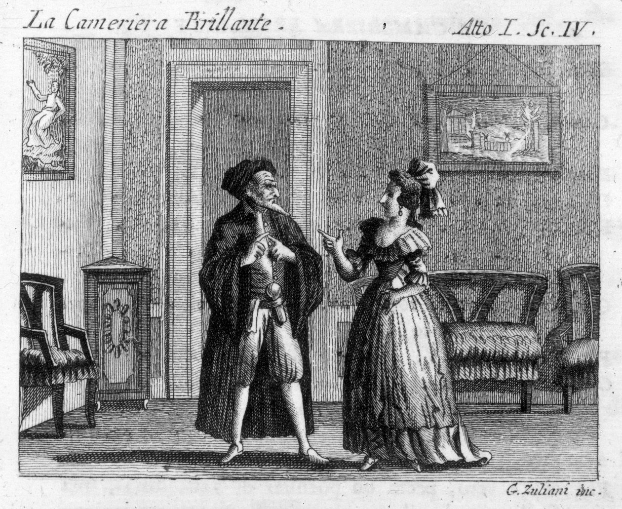 Carlo Goldoni (1707-1793) „” La cameriera brillante”” (A ragyogó szobalány) (1754) című képregény I. felvonásának 4. jelenete: játékasztalok. 18. századi metszet alkotó: Italian School